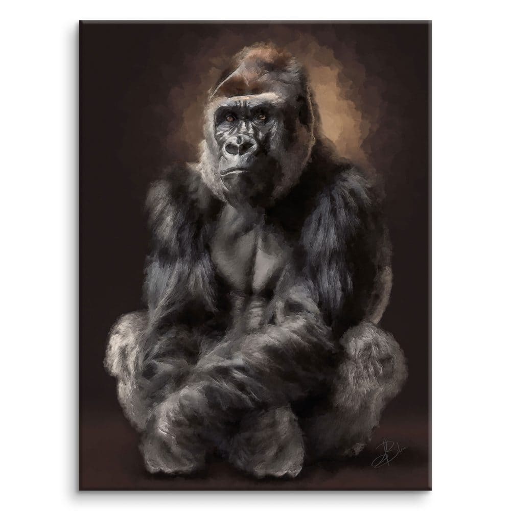 Mwamba, portrait of a silverback gorilla with a powerful gaze, on a dark background — digital painting from the Wild Genesis collection, Graph'Art Studio