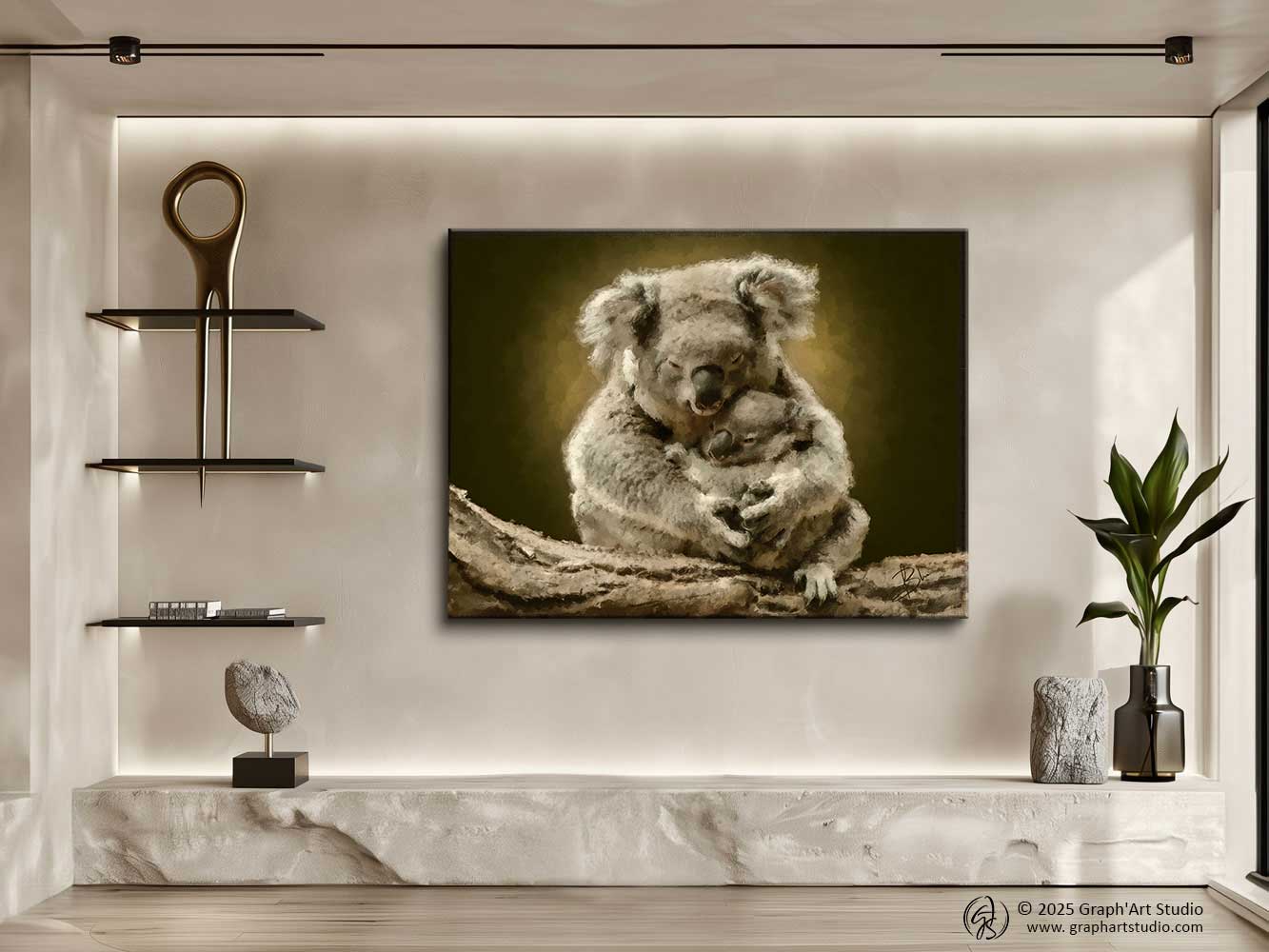 Front-facing portrait of a mother koala carrying her baby, on an amber-green chiaroscuro background — digital painting from the Wild Genesis collection, Graph'Art Studio