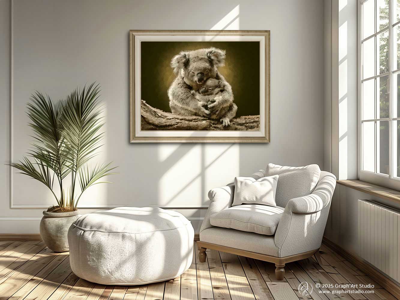 Portrait of a mother koala and her baby with expressive eyes, on an amber-green chiaroscuro background — digital painting from the Wild Genesis collection, Graph'Art Studio