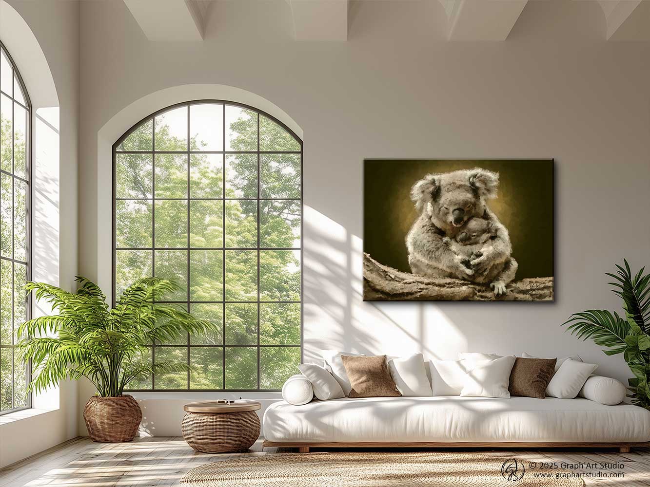 Portrait of a mother koala and her baby, on a green and amber chiaroscuro background — digital painting from the Wild Genesis collection, Graph'Art Studio