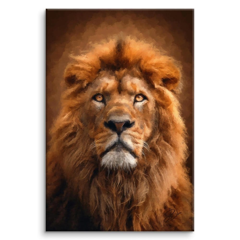 Ukuu, portrait of a majestic lion with a noble gaze, on a dark background — digital painting from the Wild Genesis collection, Graph'Art Studio