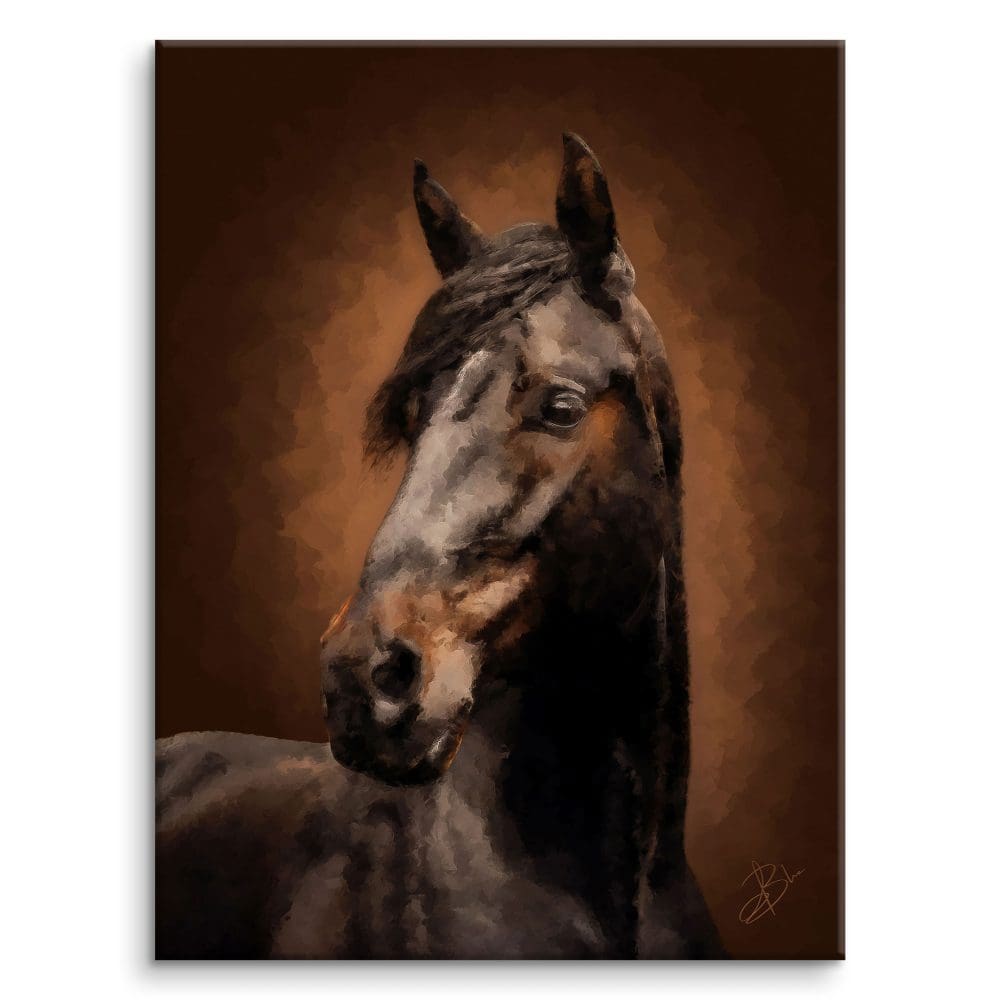 Emperador, portrait of a bay horse bathed in warm light, on a dark background — digital painting from the EquinEssence collection, Graph'Art Studio