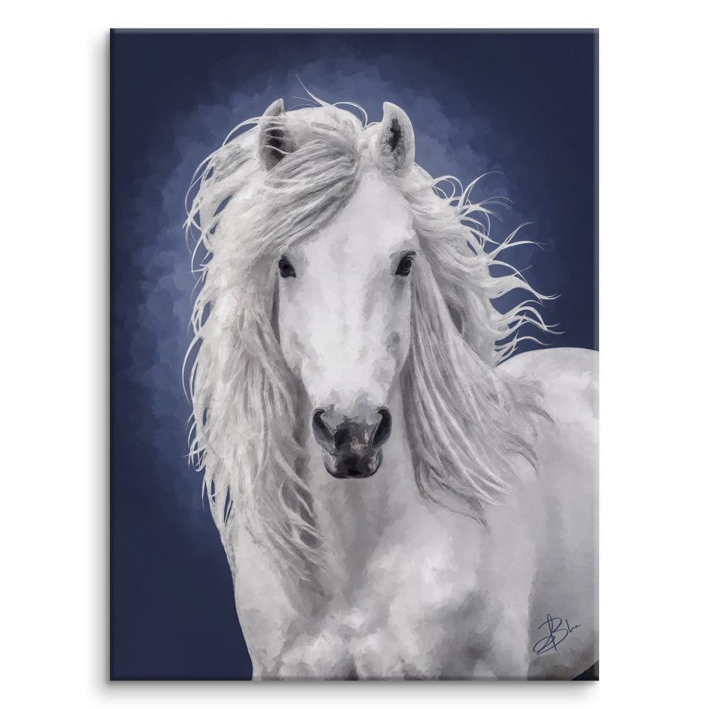 Kyanite, portrait of a white horse bathed in golden light, on a dark background — digital painting from the EquinEssence collection, Graph'Art Studio