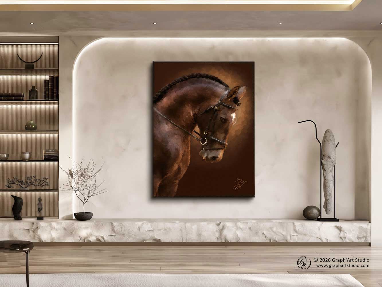 Portrait of a bay dressage horse in golden light, on a dark brown chiaroscuro background — digital painting from the EquinEssence collection, Graph'Art Studio
