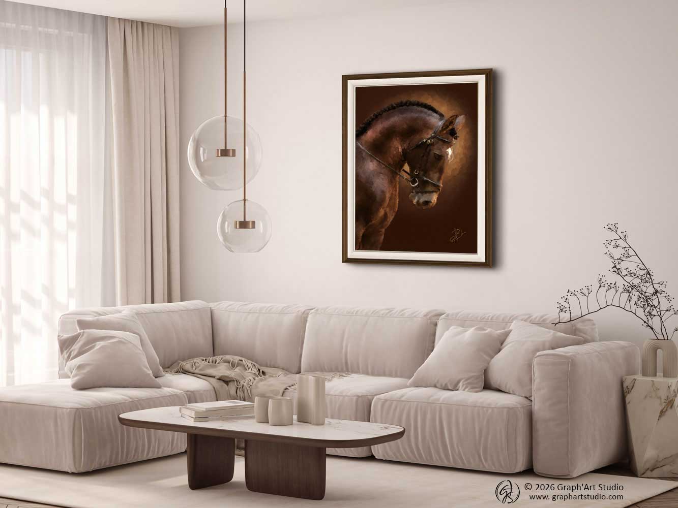 Portrait of a bay dressage horse with warm reflections, on a dark brown chiaroscuro background — digital painting from the EquinEssence collection, Graph'Art Studio