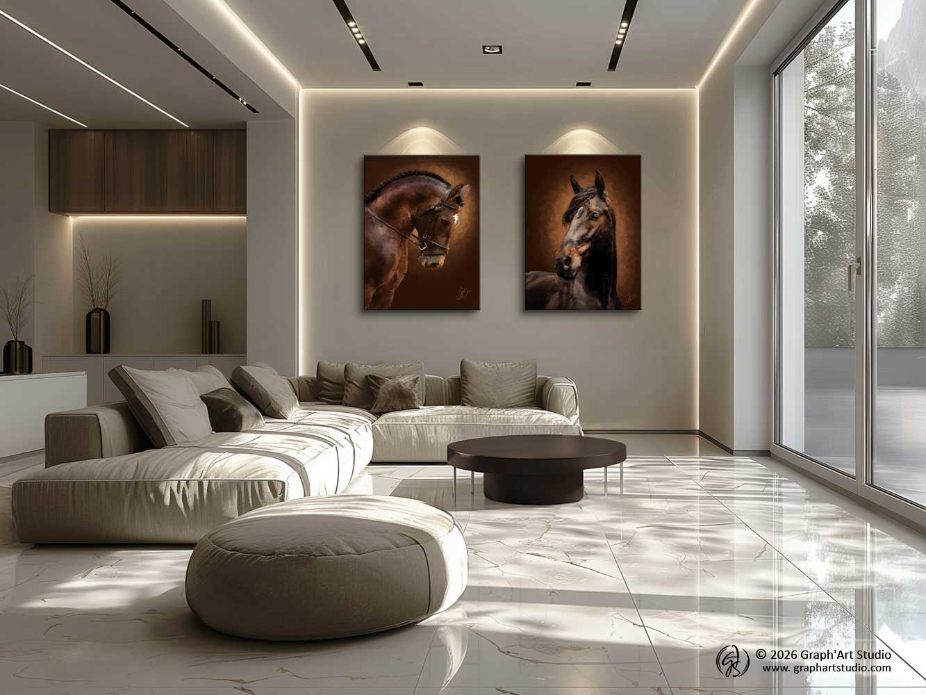 Equestrian portrait of a bay dressage horse bathed in warm light, on a warm brown background — digital painting from the EquinEssence collection, Graph'Art Studio