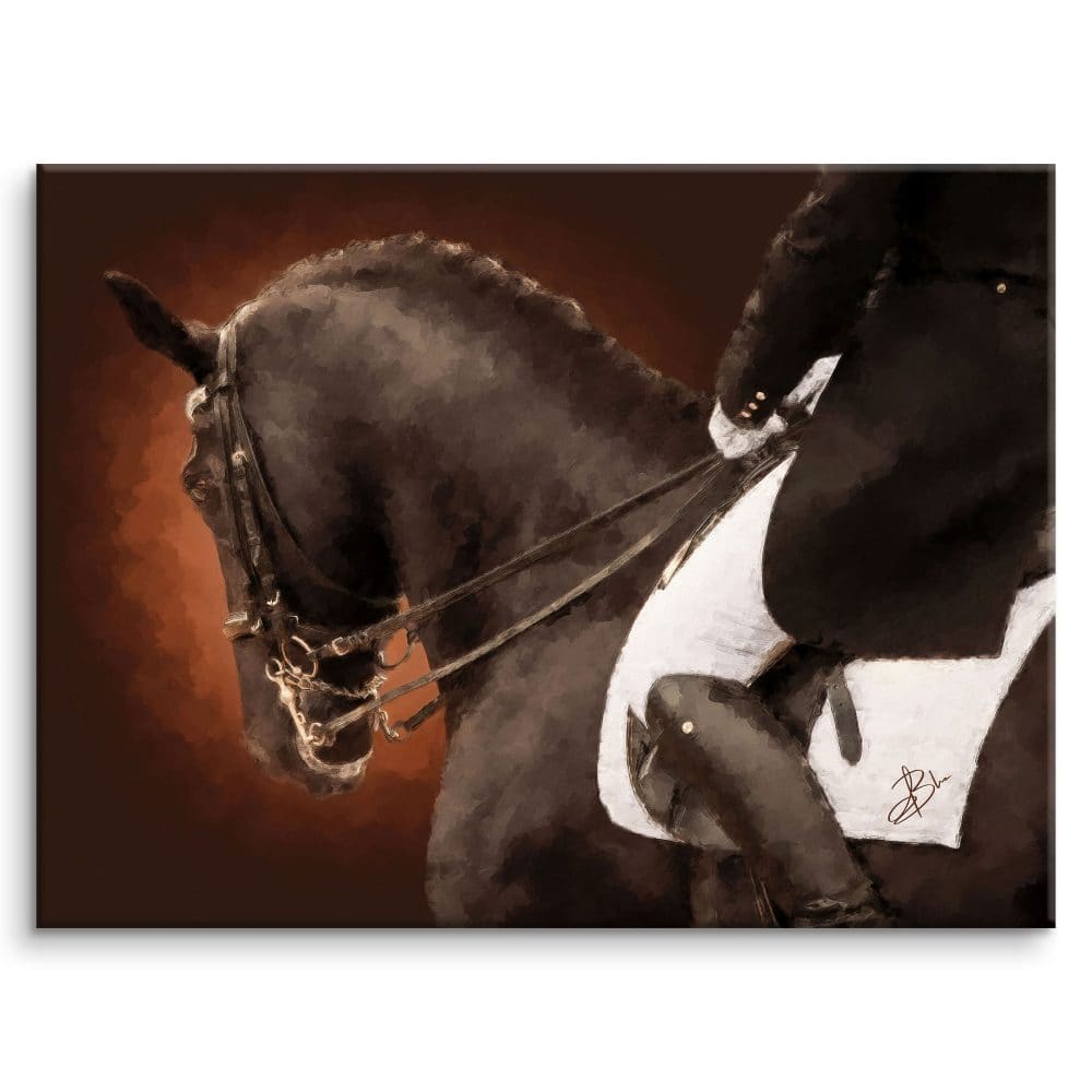 Sardonyx, portrait of a bay dressage horse and its rider, bathed in golden light, on a dark background — digital painting from the EquinEssence collection, Graph'Art Studio