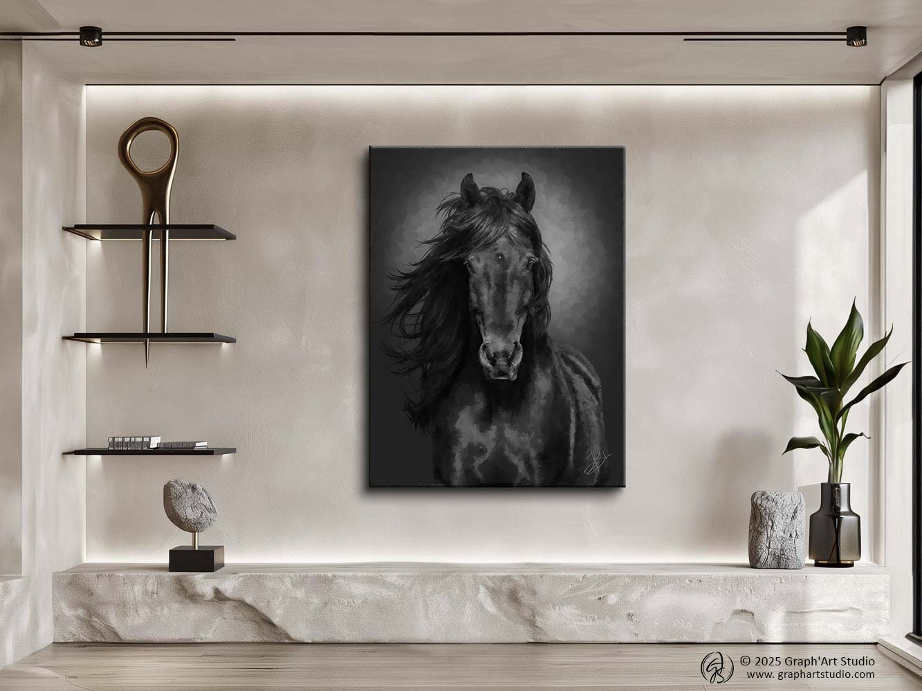 Portrait of a black horse bathed in golden light, on a dark brown chiaroscuro background — digital painting from the EquinEssence collection, Graph'Art Studio