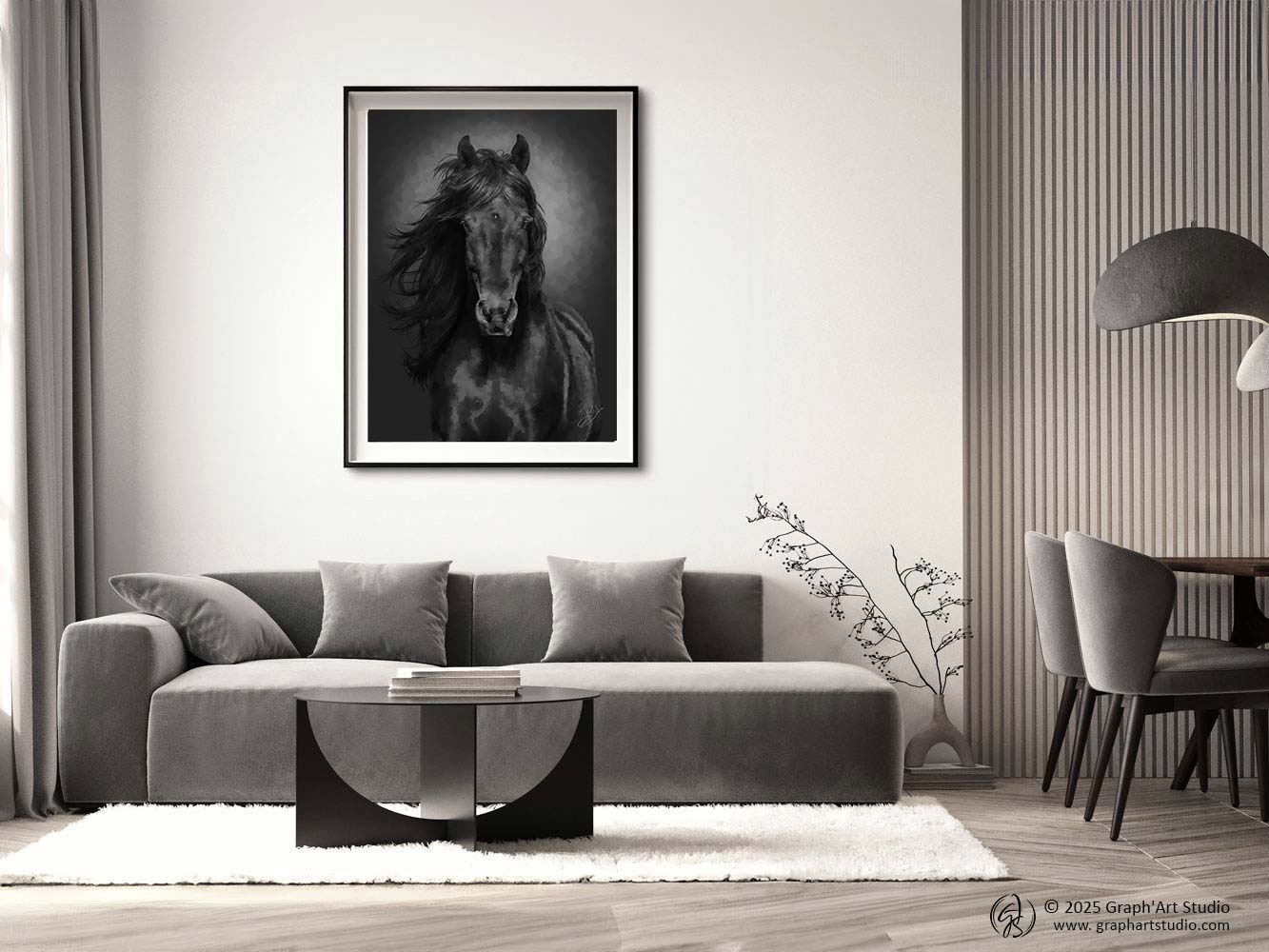 Portrait of a black horse with warm reflections, on a dark brown chiaroscuro background — digital painting from the EquinEssence collection, Graph'Art Studio