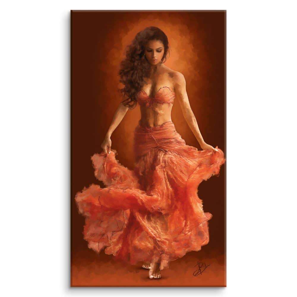 Shamsa, full-length portrait of an oriental dancer in motion in a flowing coral dress, on a warm brown-orange background — digital painting from the Anima Mundi collection, Graph'Art Studio