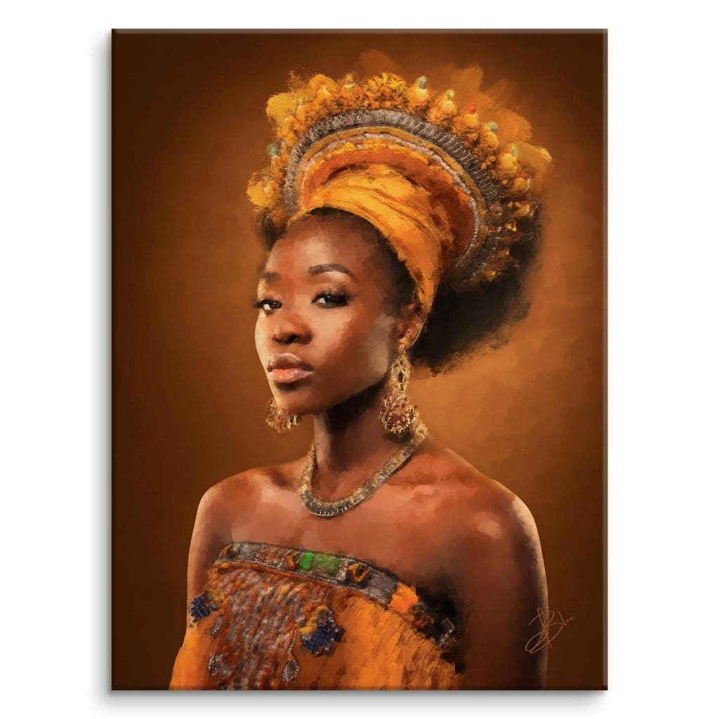 Isoke, portrait of a young African woman wearing a golden floral turban, gold jewellery and an orange kente cloth, on a warm ochre background — digital painting from the Anima Mundi collection, Graph'Art Studio