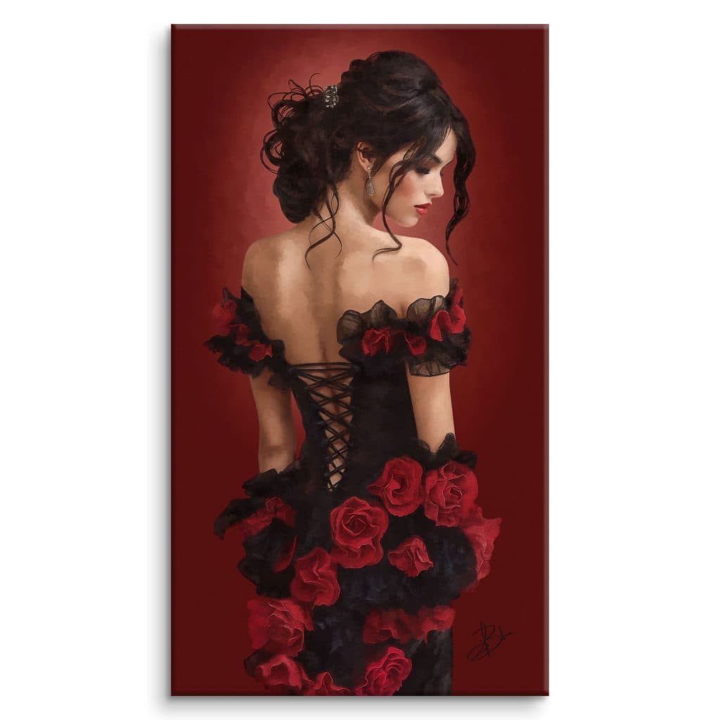 Amaranta, back portrait of a Spanish flamenco dancer in a black dress adorned with red roses, on a crimson background — digital painting from the Anima Mundi collection, Graph'Art Studio