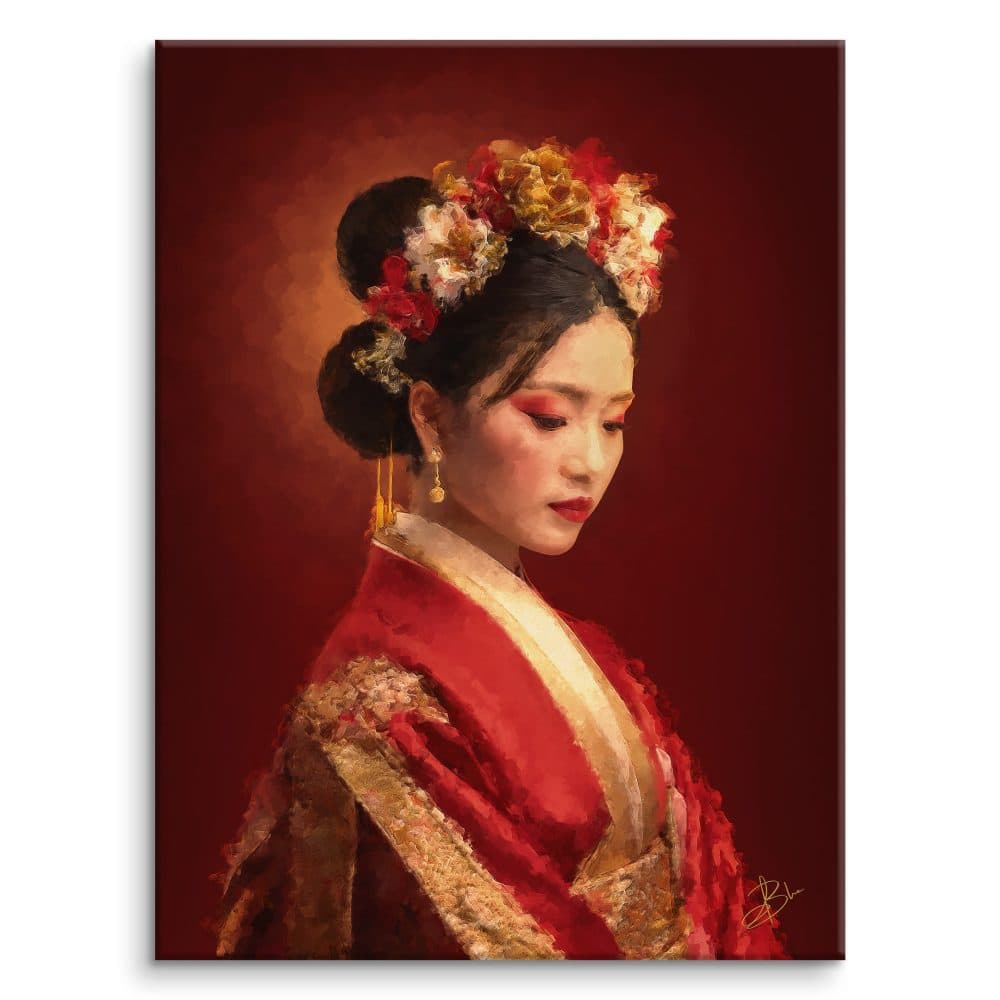 Miyabi, three-quarter portrait of a Japanese woman in an embroidered red and gold kimono, hair adorned with peony ornaments, on a deep crimson background — digital painting from the Anima Mundi collection, Graph'Art Studio