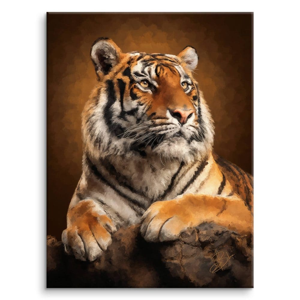 Shyama, portrait of a tiger with an intense gaze, on a dark background — digital painting from the Wild Genesis collection, Graph'Art Studio