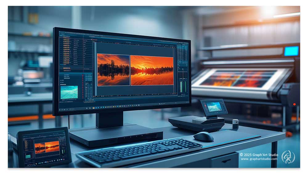 Workstation displaying color management tools and digital rendering controls.