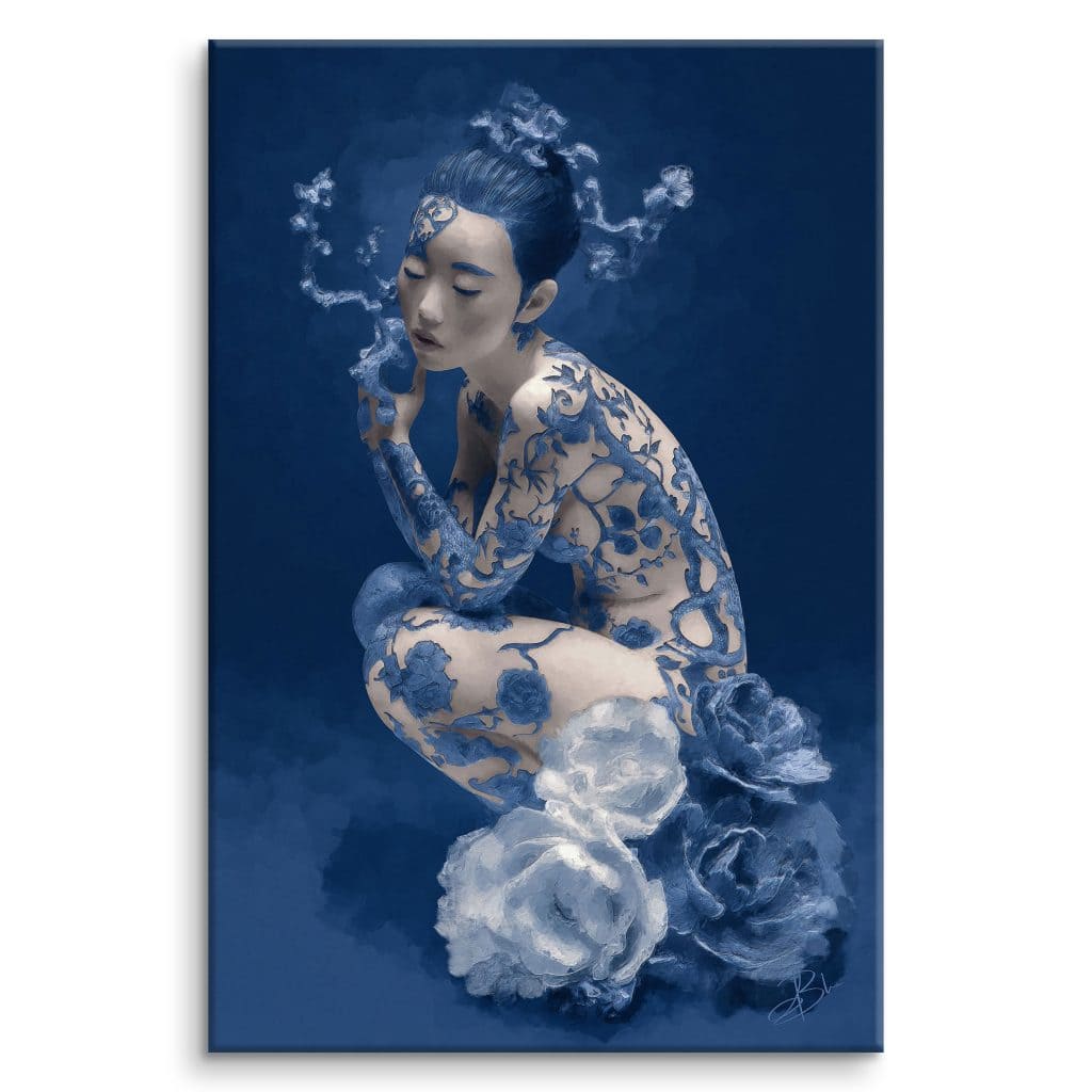 Digital oil painting portrait of a porcelain woman, expressing fragile beauty and radiant grace, Graph'Art Studio